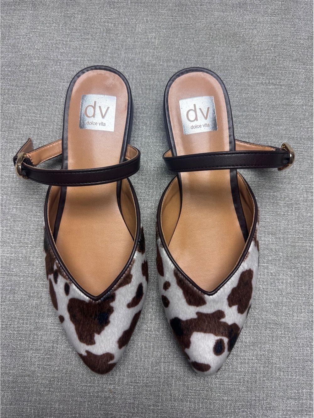DV by Dolce Vita Dayme Cow Print Faux Fur Pointed Toe Flats Women’s Size 7